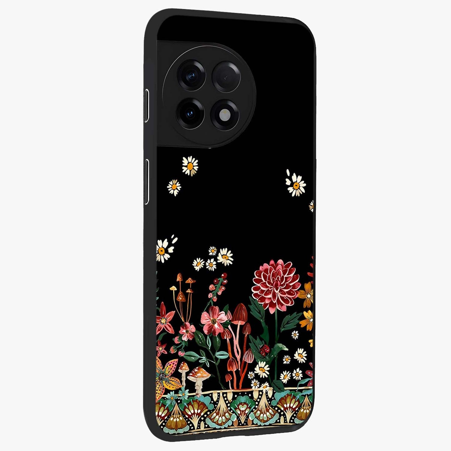 Midnight Bloom Pattern Glass Case for 1+11R side perspective highlighting intricate floral textures and premium edges