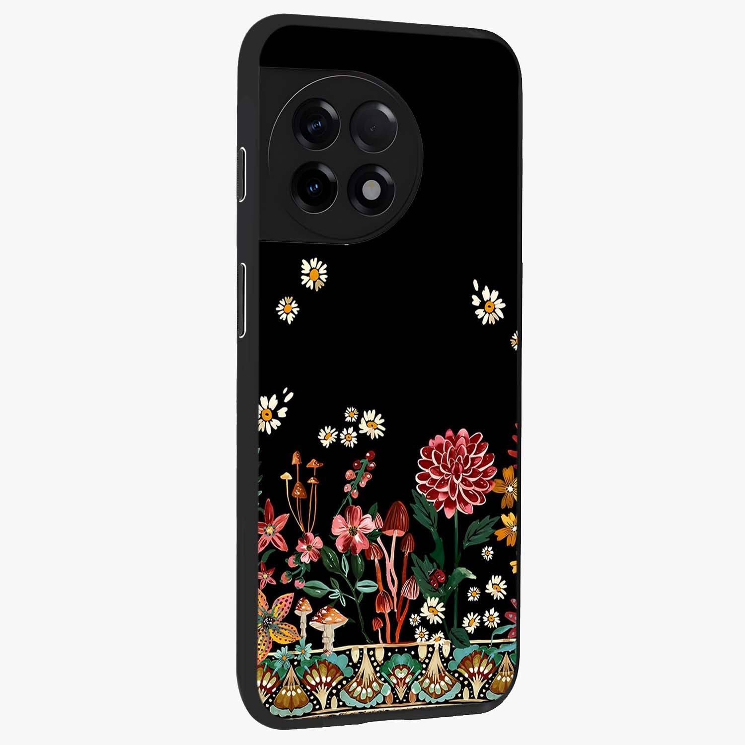 Midnight Bloom Pattern Glass Case for 1+11R side perspective highlighting intricate floral textures and premium edges