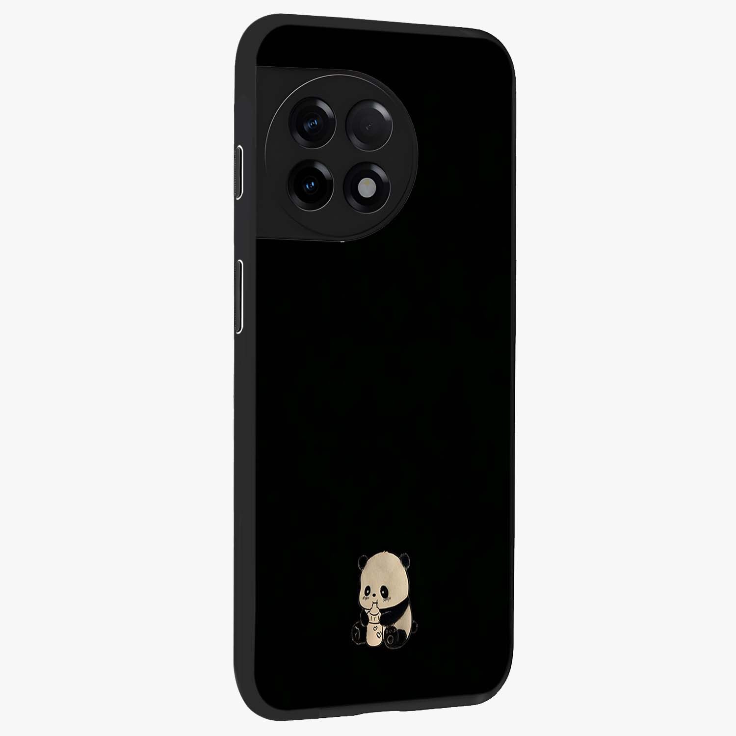 Midnight Panda Love Glass Case for 1+11R side perspective highlighting charming illustration details and premium build