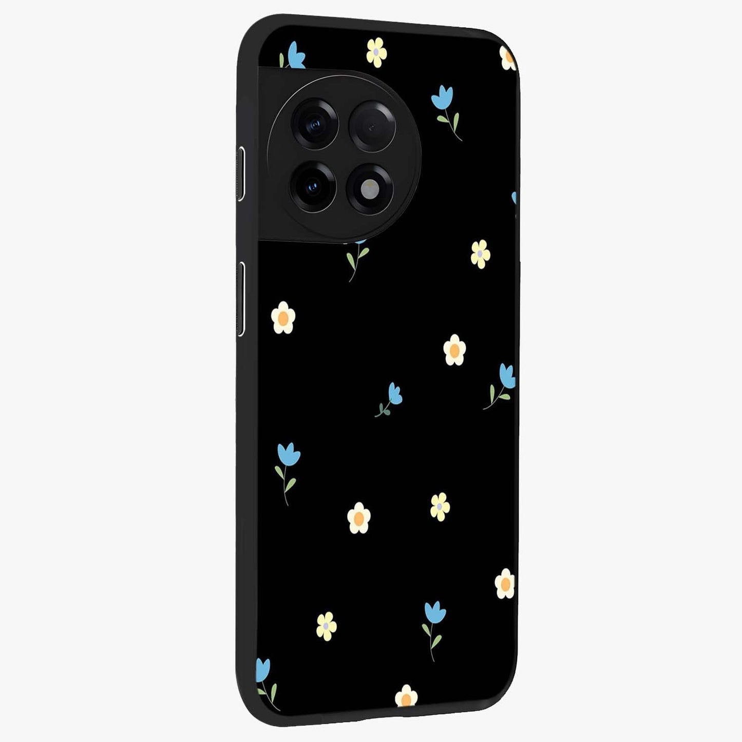 Minimalistic Blue With White Flower Pattern Glass Case for 1+11R side perspective highlighting subtle floral textures and premium edges
