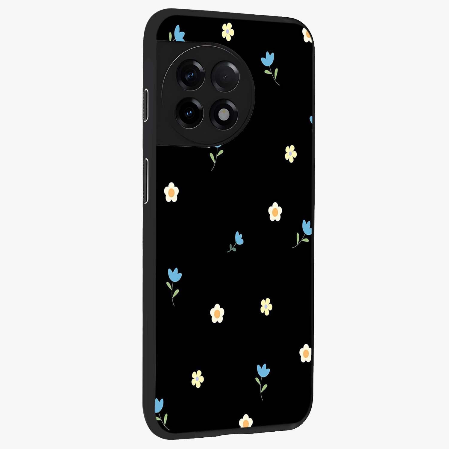 Minimalistic Blue With White Flower Pattern Glass Case for 1+11R side perspective highlighting subtle floral textures and premium edges