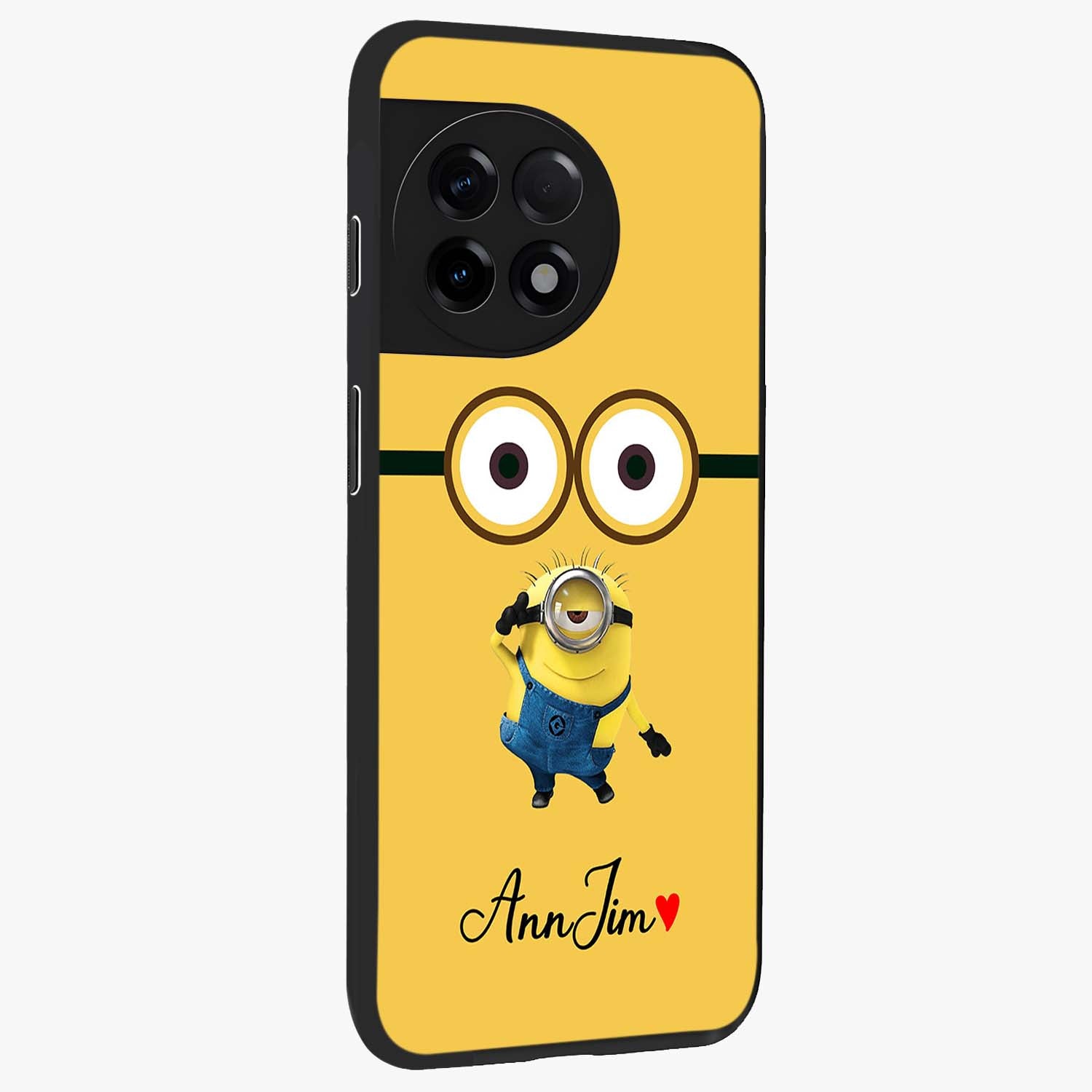 Minion Custom Name Glass Case for 1+11R side perspective highlighting custom typography and smooth premium build