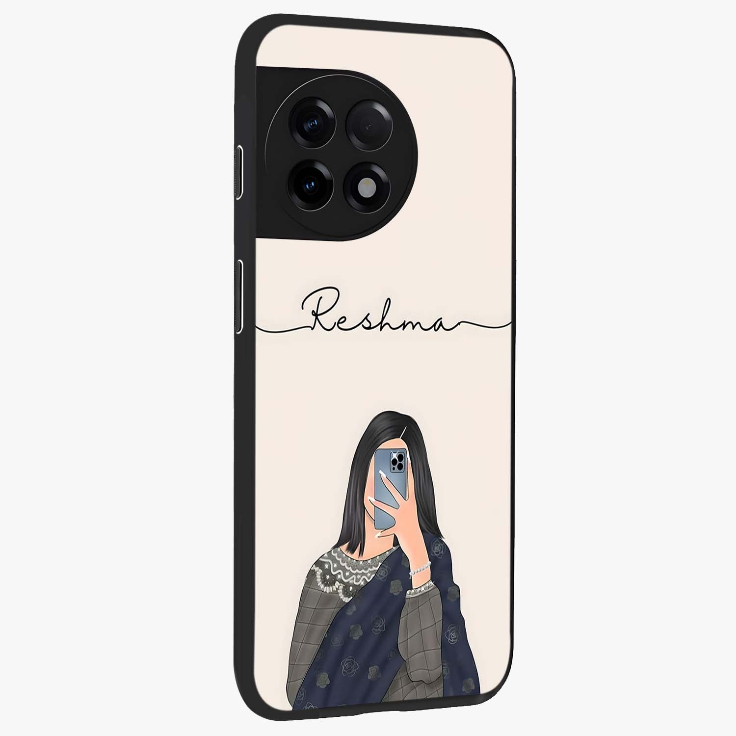 Mirror Mood Muse With Custom Name Glass Case for 1+11R side perspective highlighting custom text detailing and premium edges