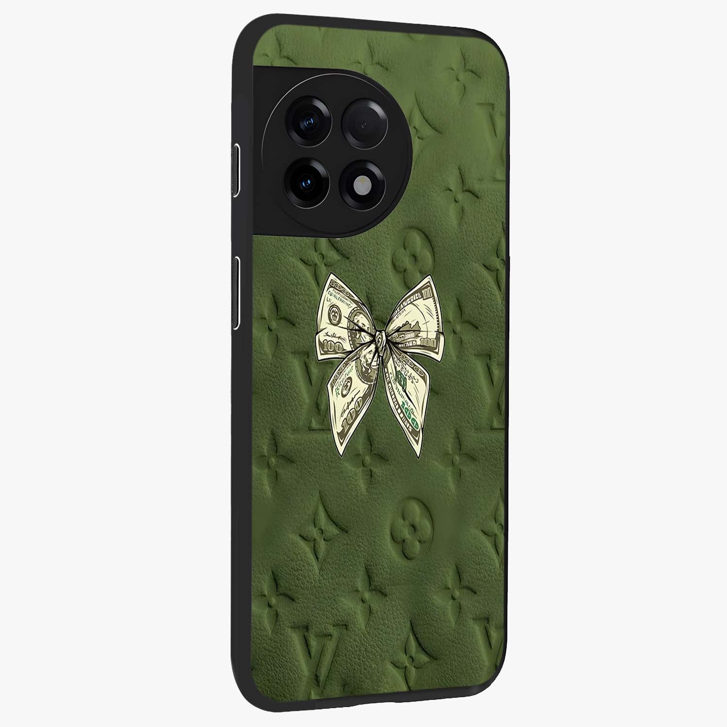 Money Bow Lv Glass Case for 1+11R side perspective highlighting stylish textures and sleek build