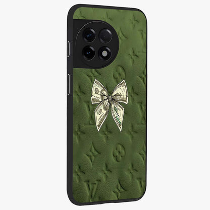 Money Bow Lv Glass Case for 1+11R side perspective highlighting stylish textures and sleek build