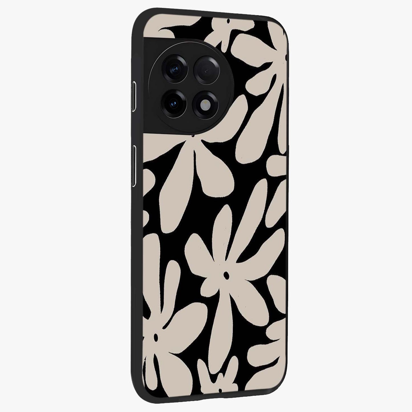 Monochrome Petal Dance Glass Case for 1+11R side perspective highlighting refined textures and premium edges