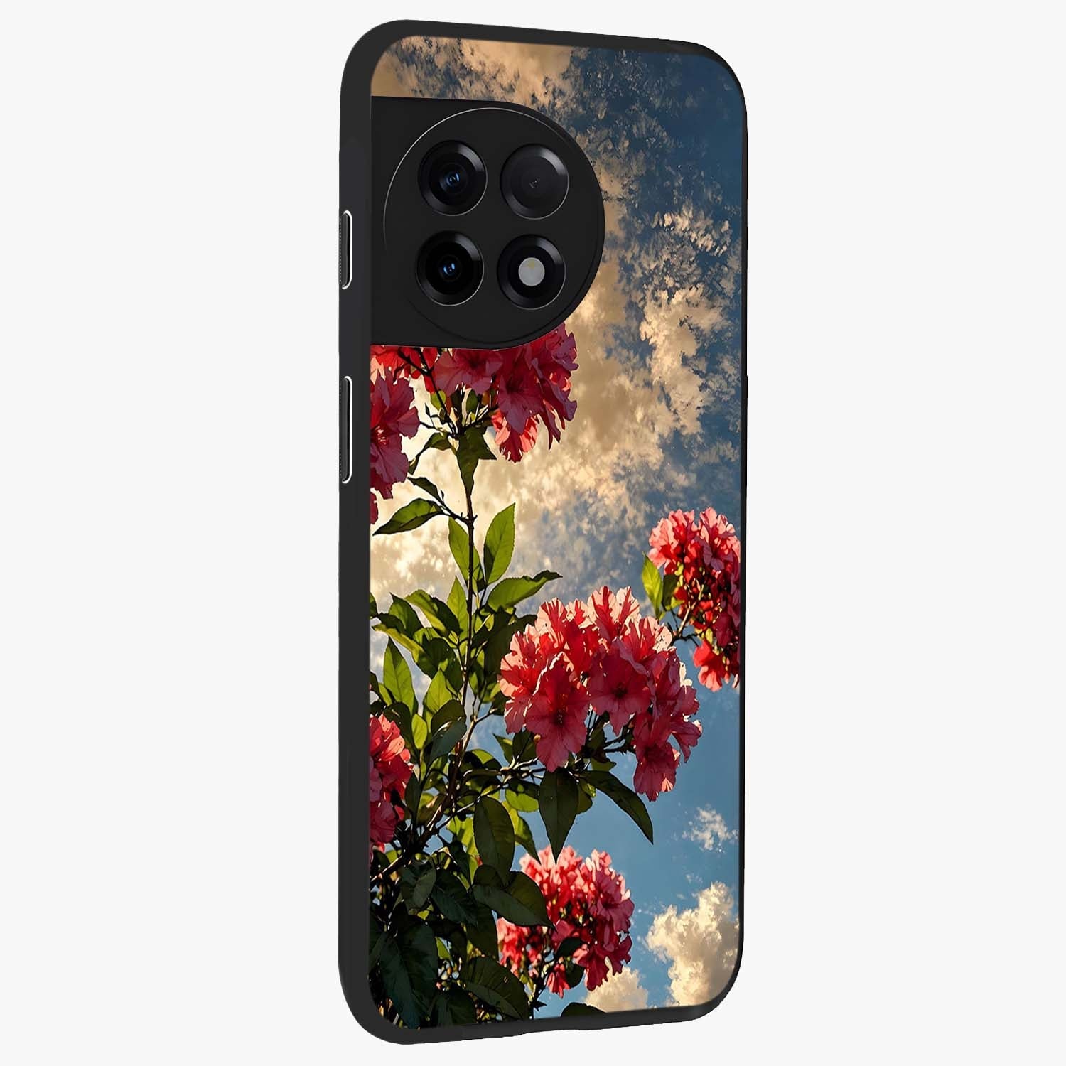 Moonlit Blossom Charm Glass Case for 1+11R side perspective highlighting refined floral textures and premium edges