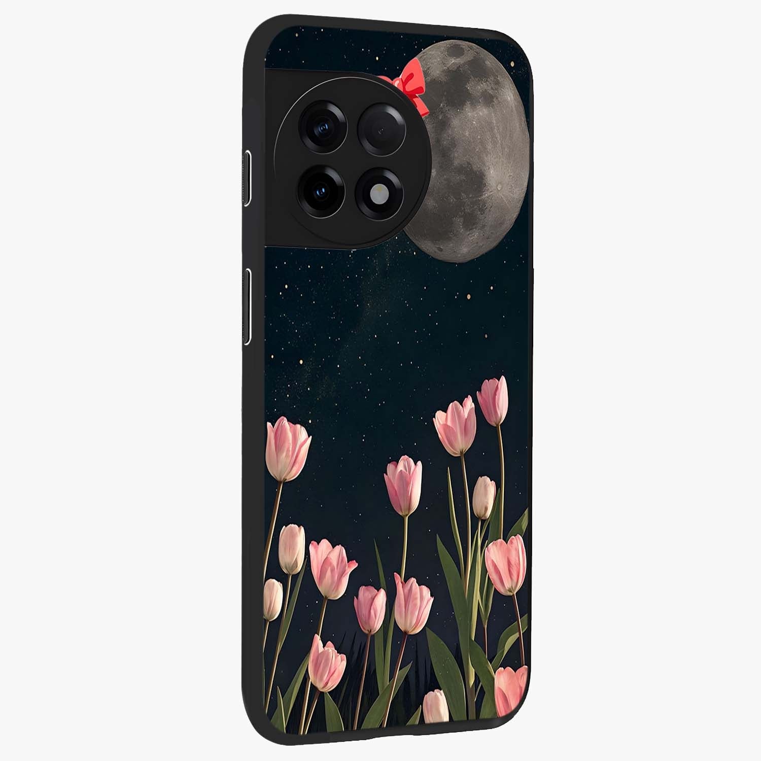 Moonlit Night Tulip Glass Case for 1+11R side perspective highlighting delicate petal textures and sleek build