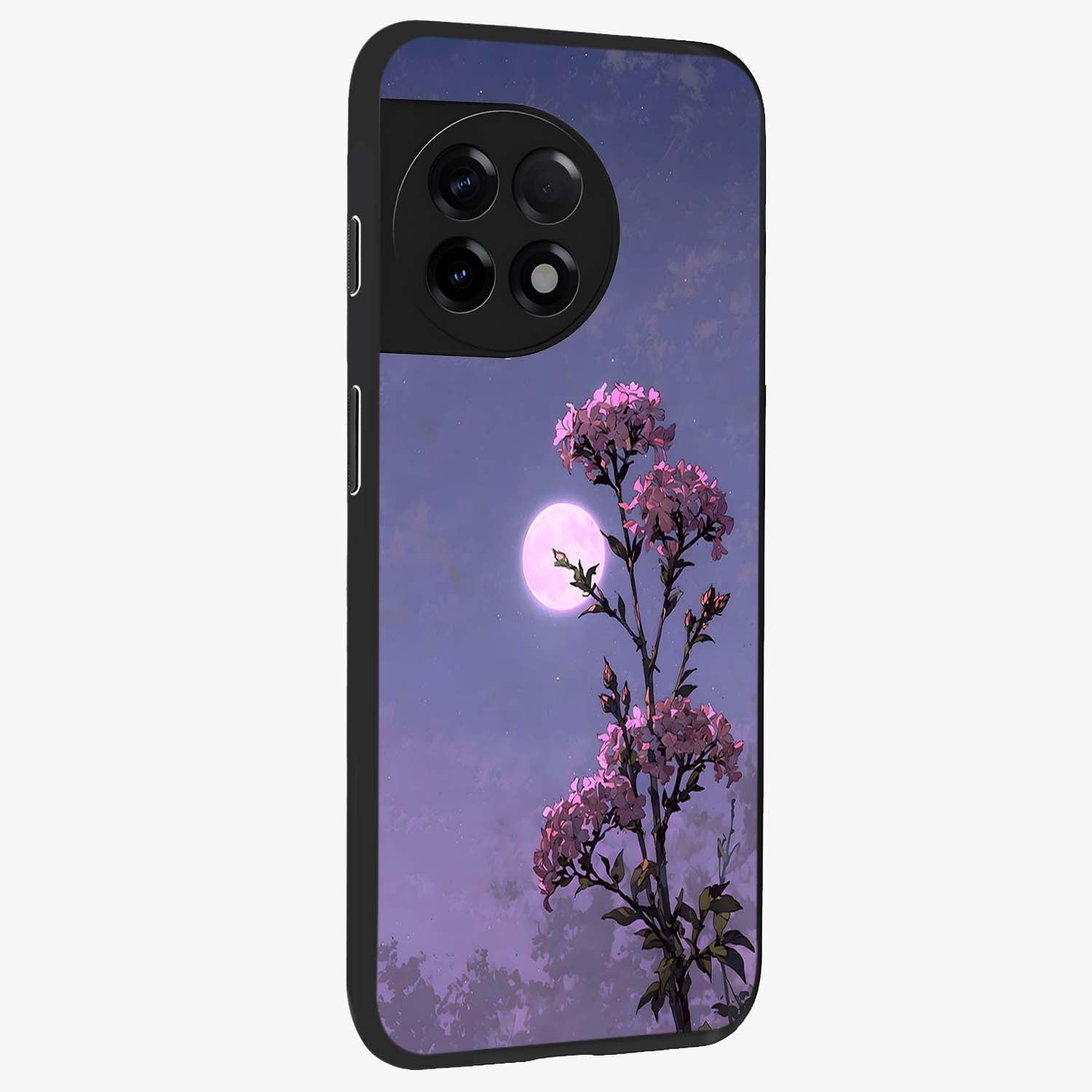 Moonlit Petal Night Glass Case for 1+11R side perspective highlighting graceful petal textures and smooth build