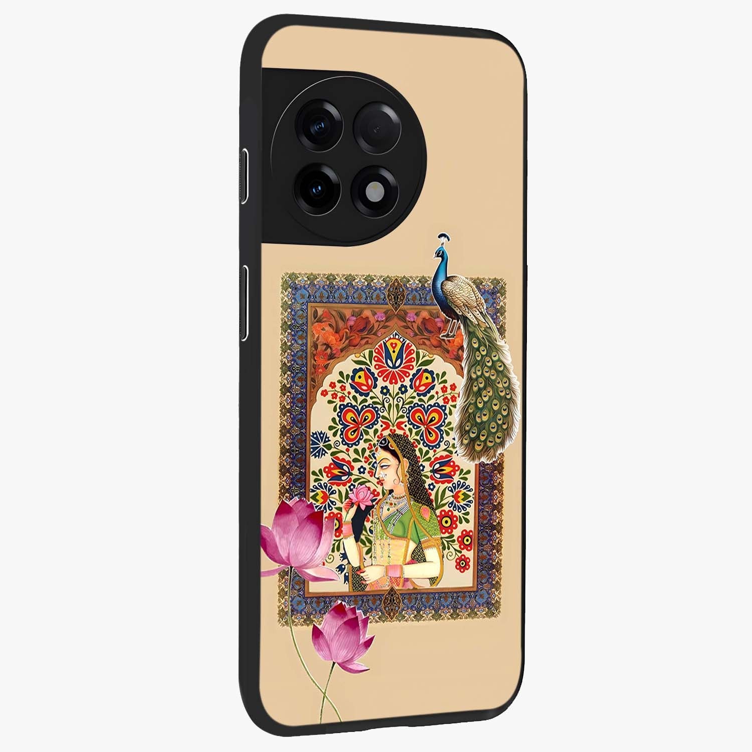 Mughal Princess and Peacock Glass Case for 1+11R side perspective highlighting detailed cultural textures and smooth premium build