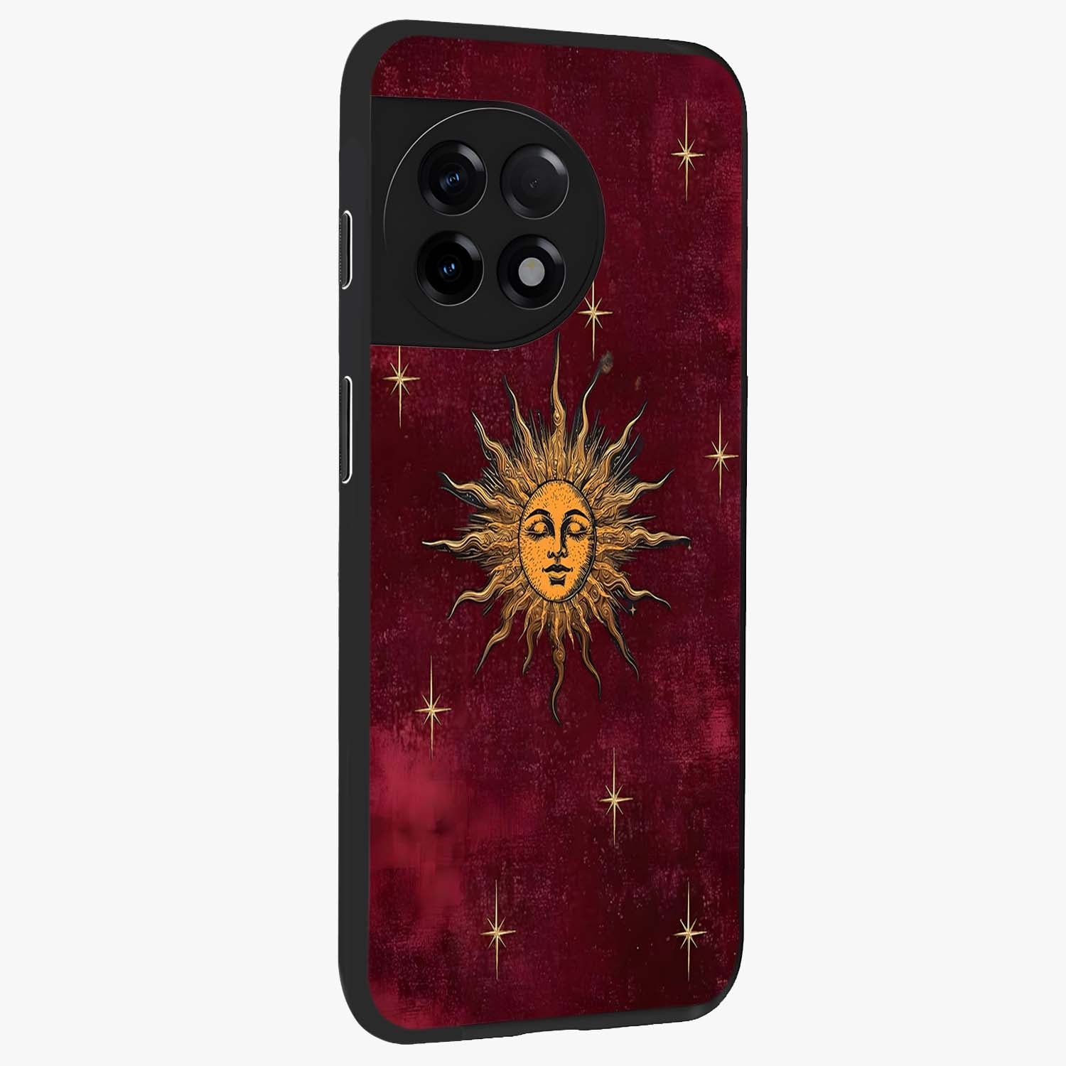 Mystic Solar Glow Glass Case for 1+11R side perspective highlighting luminous detailing and premium edges