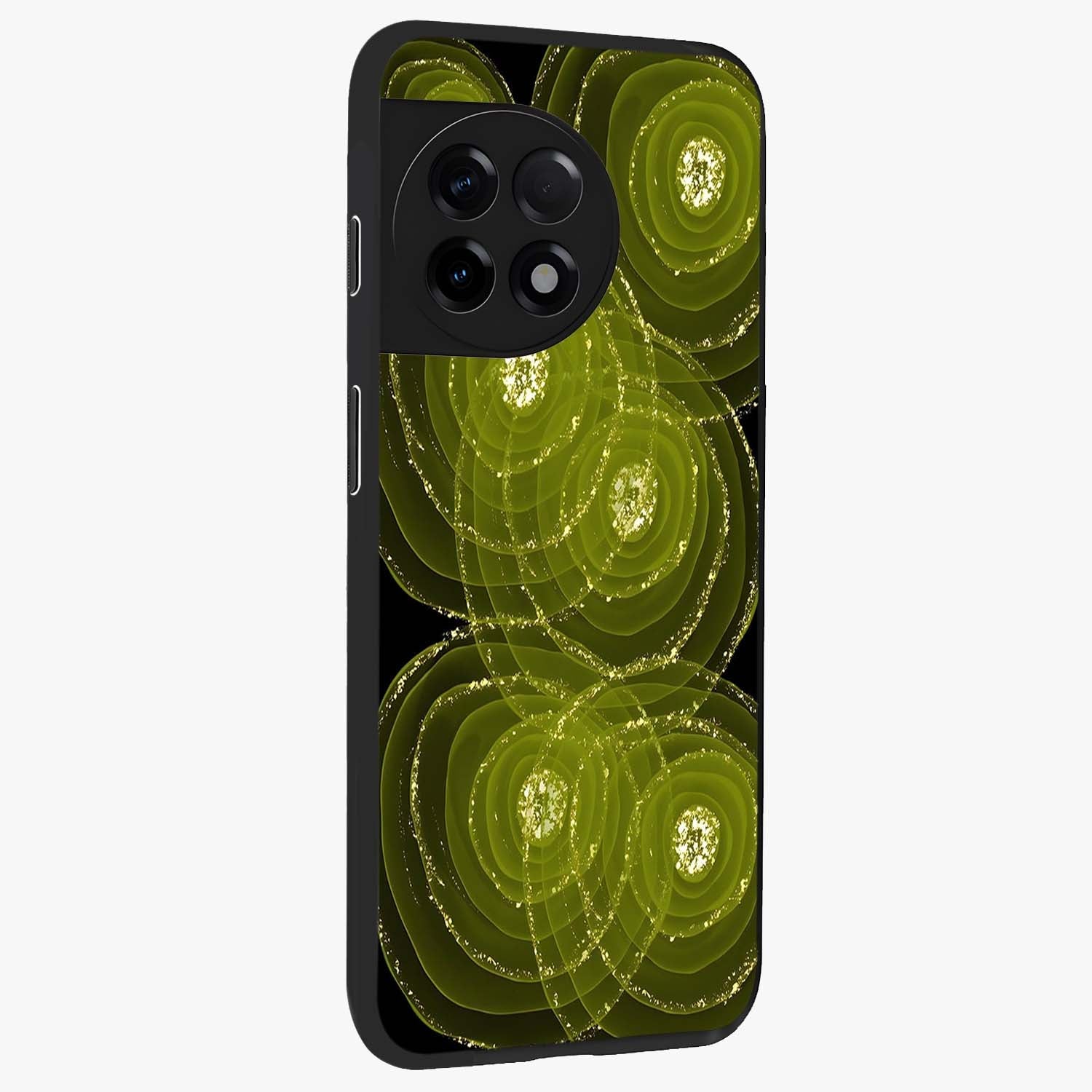 Neon Orbit Bloom Marble Glass Case for 1+11R side perspective highlighting luminous textures and premium edges