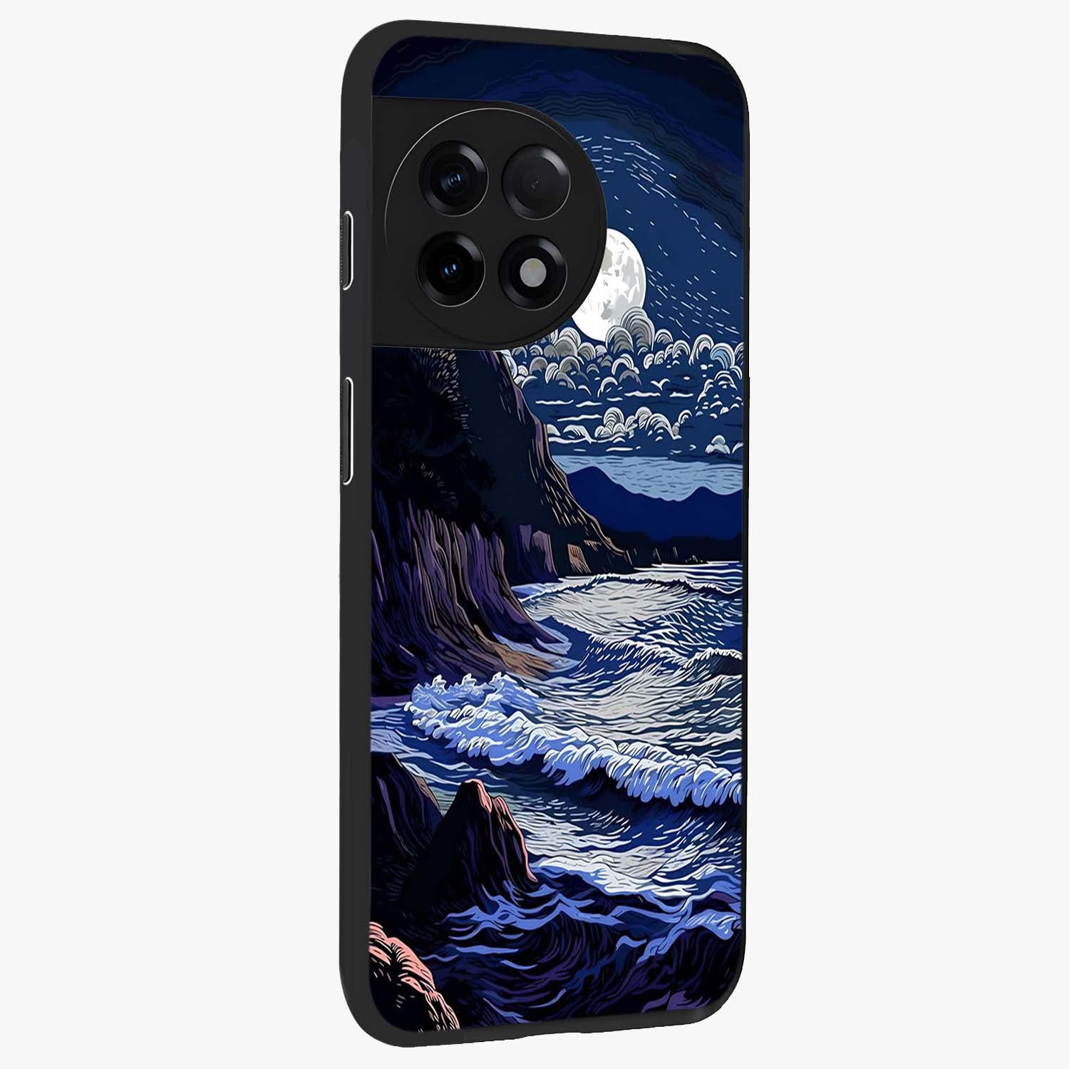 Night Moon Scenery Pattern Glass Case for 1+11R side perspective highlighting calming scenic textures and smooth build