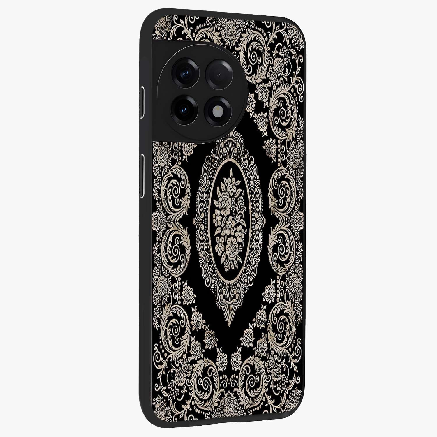 Noir Bloom Elegance Glass Case for 1+11R side perspective highlighting subtle textures and sleek premium build