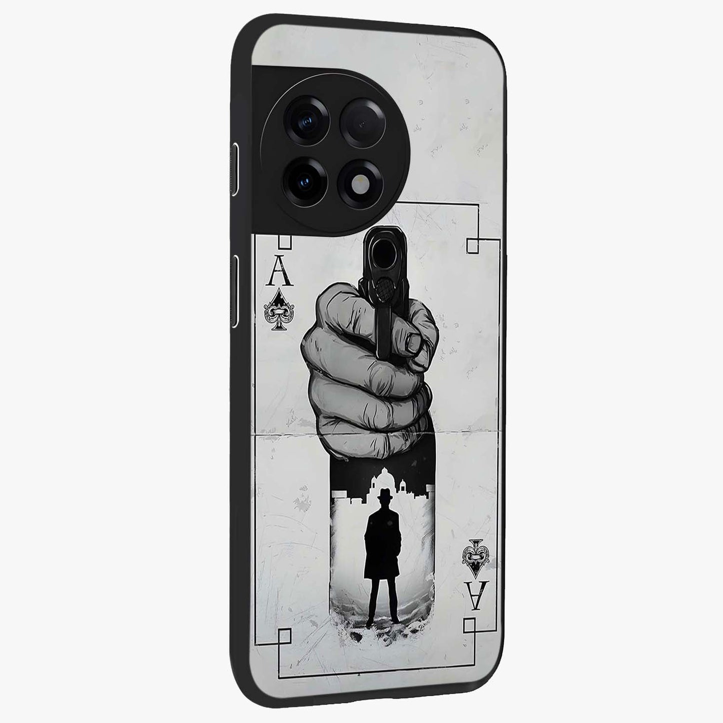 Noir Trigger Fate Glass Case for 1+11R side perspective highlighting strong contrast textures and premium edges
