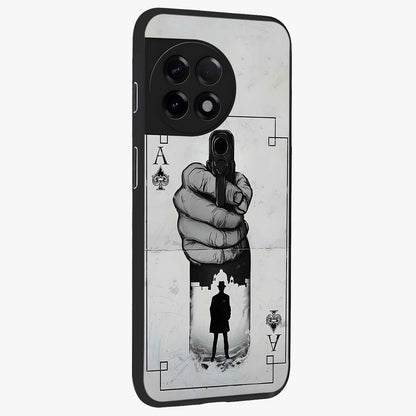 Noir Trigger Fate Glass Case for 1+11R side perspective highlighting strong contrast textures and premium edges