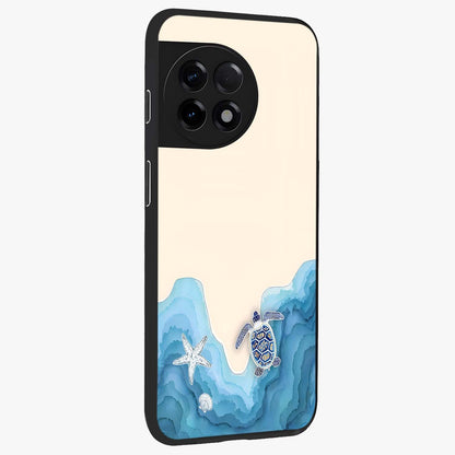 Ocean Drift Turtle Glass Case for 1+11R side perspective highlighting aquatic textures and premium edges