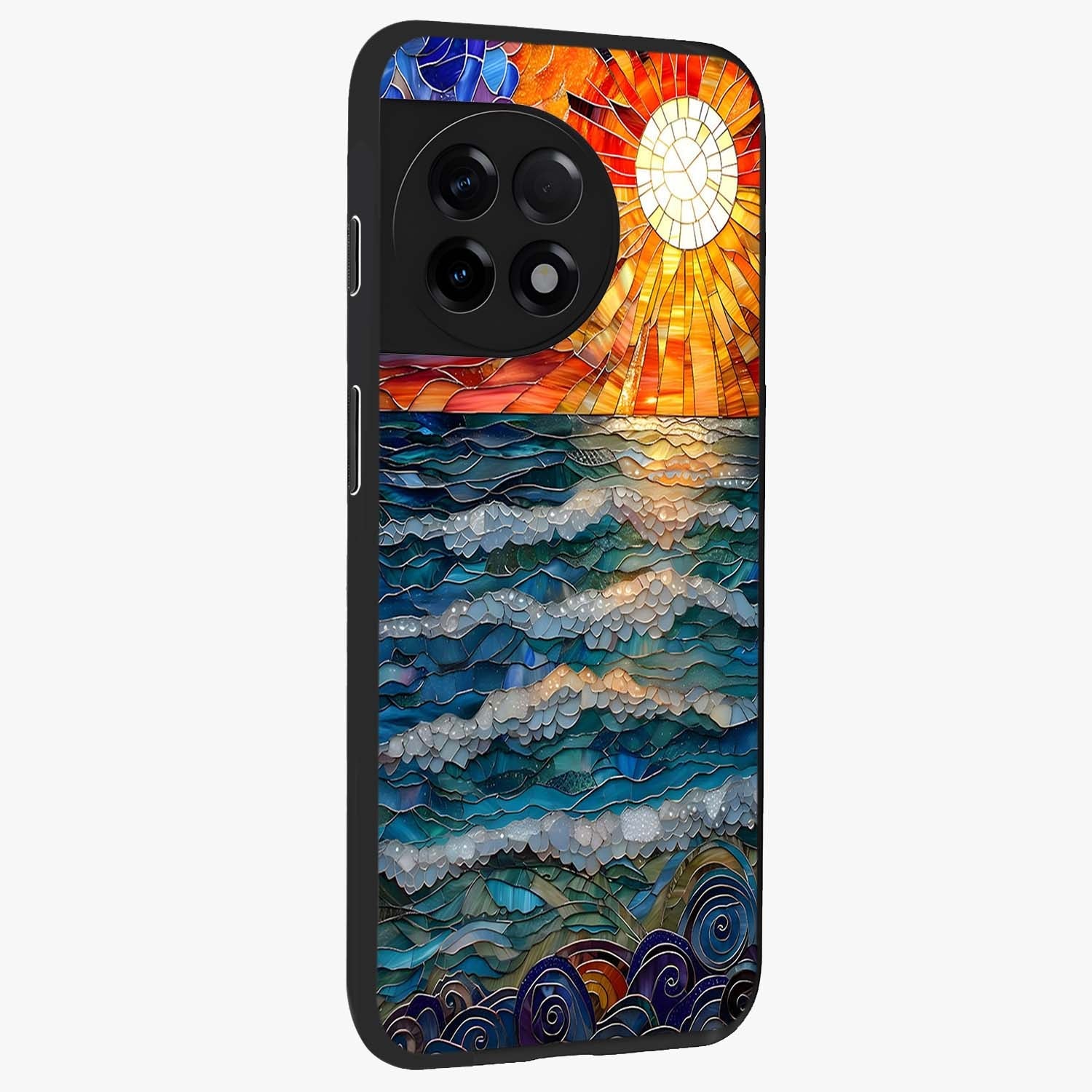 Oceanic Stained Printed Glass Case for 1+11R side perspective highlighting detailed textures and premium edges