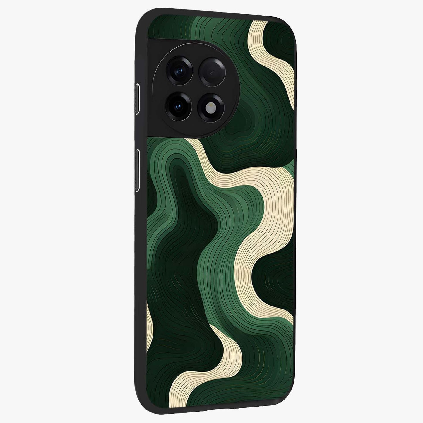 Organic Swirl Design Glass Case for 1+11R side perspective highlighting fluid textures and premium edges