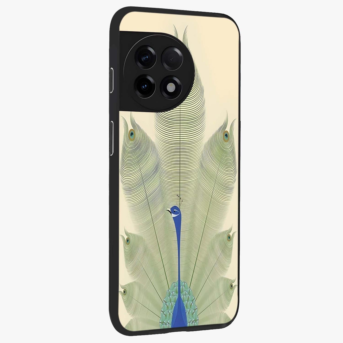 Peacock Feather Grace Glass Case for 1+11R side perspective highlighting intricate plume textures and premium edges