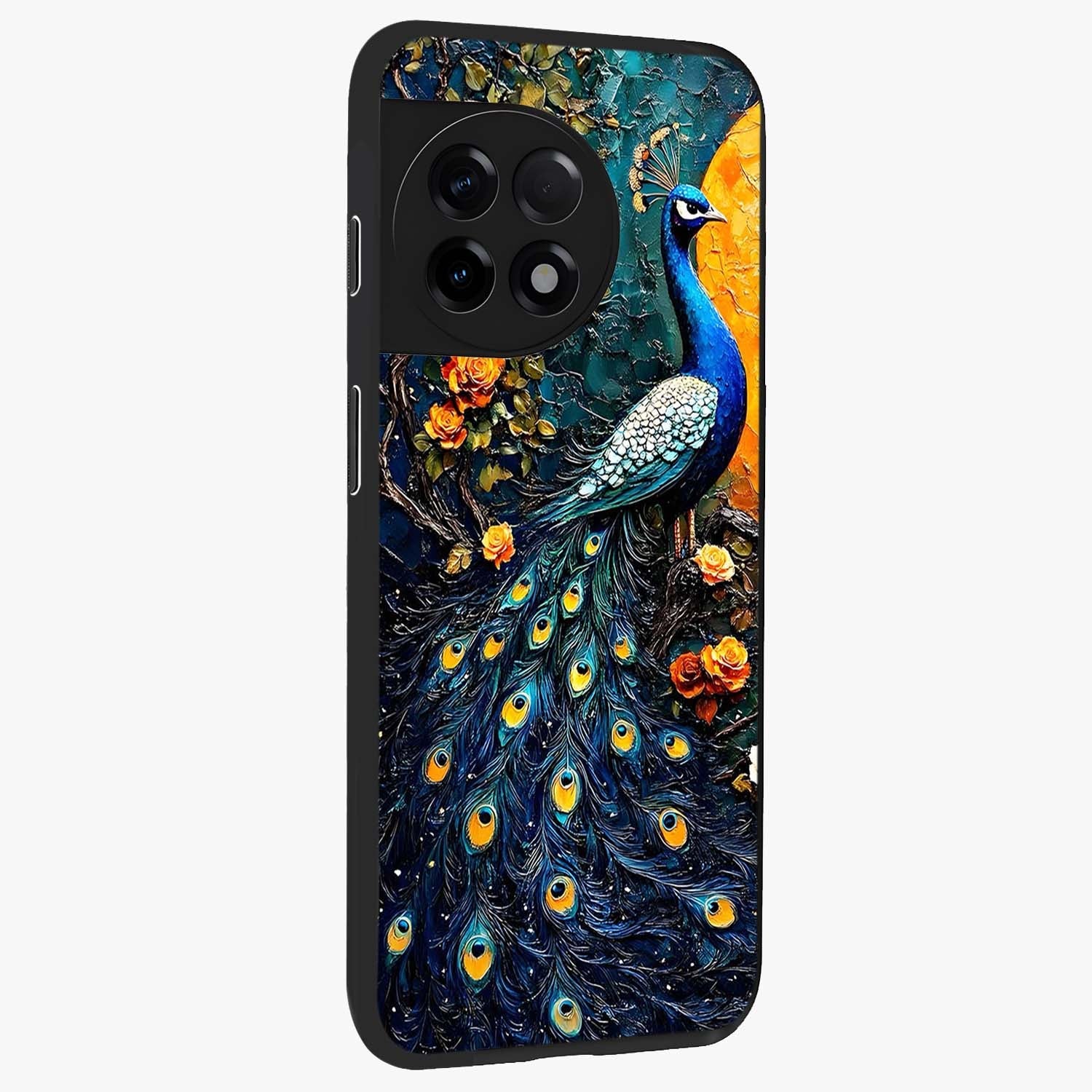 Peacock With Yellow Moon Glass Case for 1+11R side perspective highlighting vibrant plumage detailing and premium edges