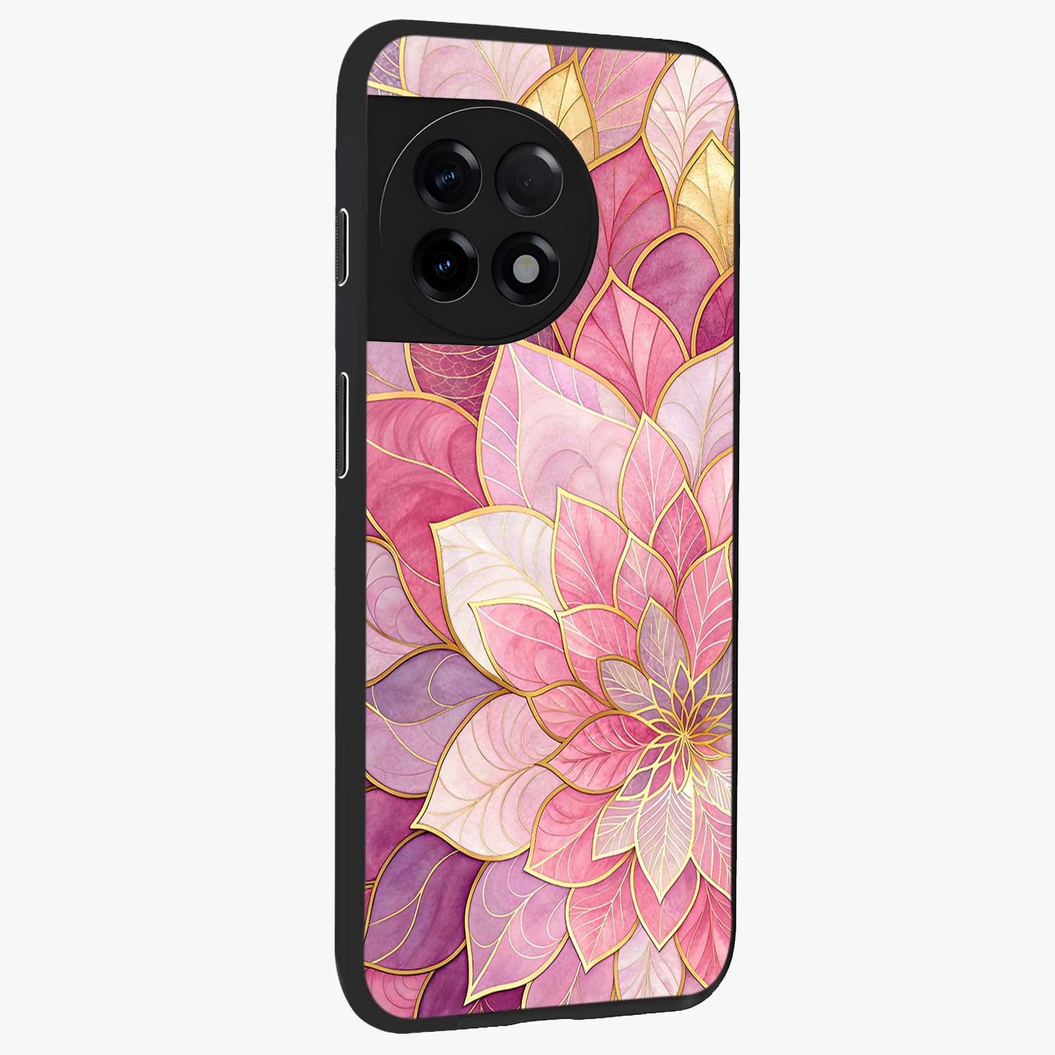 Petal Luxe Bloom Glass Case for 1+11R side perspective highlighting elegant textures and premium edge finish