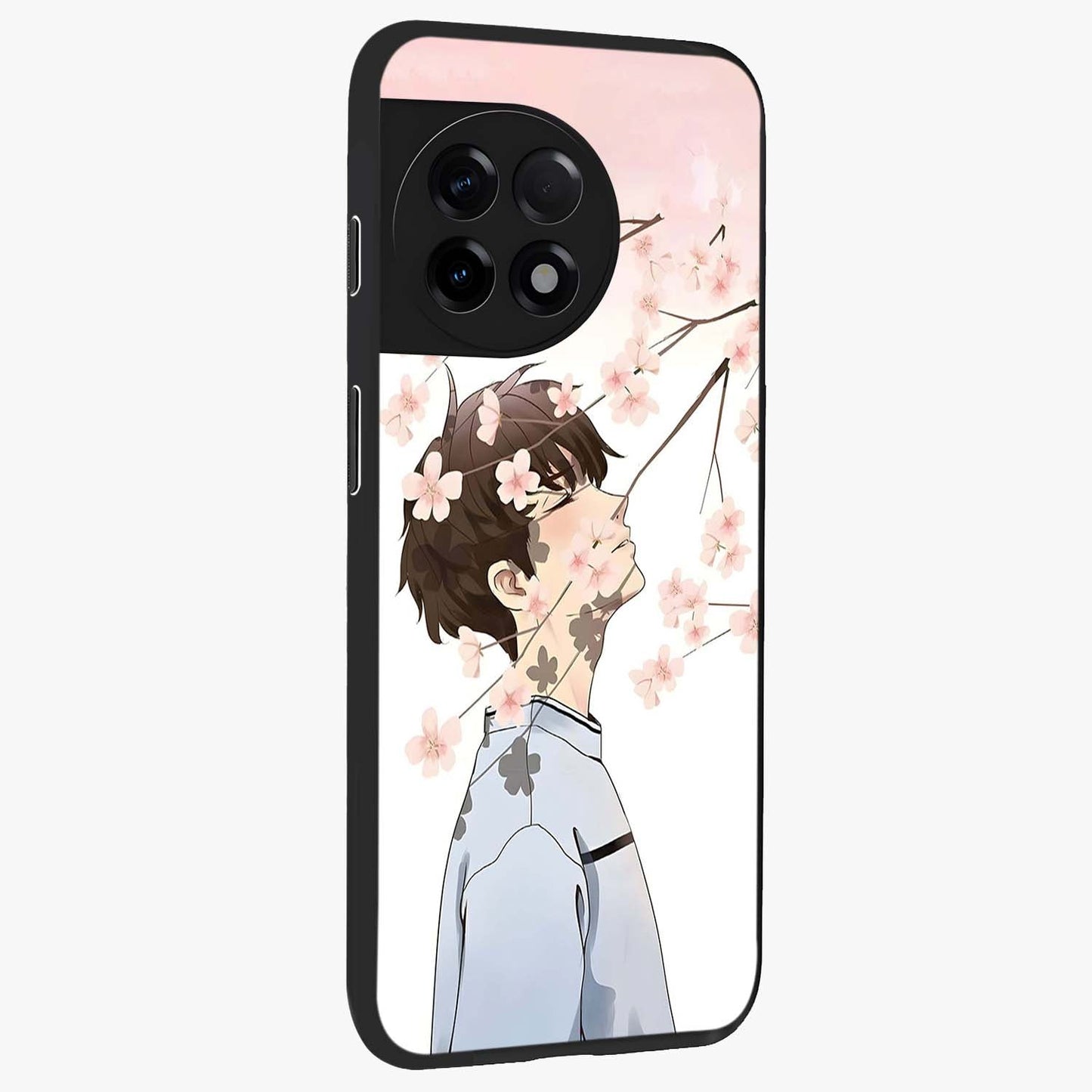 Pink Blossom Boy Glass Case for 1+11R side perspective highlighting delicate floral textures and sleek build