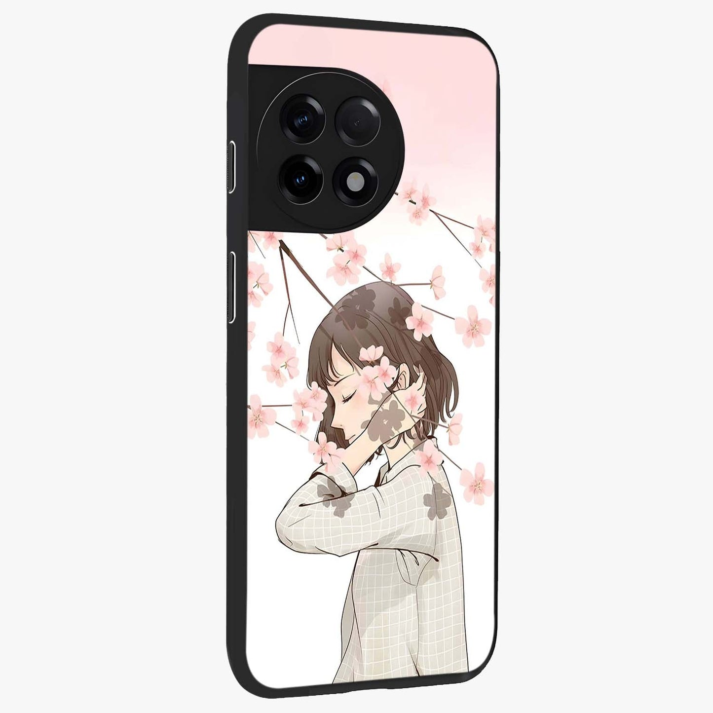 Pink Blossom Girl Glass Case for 1+11R side perspective highlighting elegant textures and premium edges