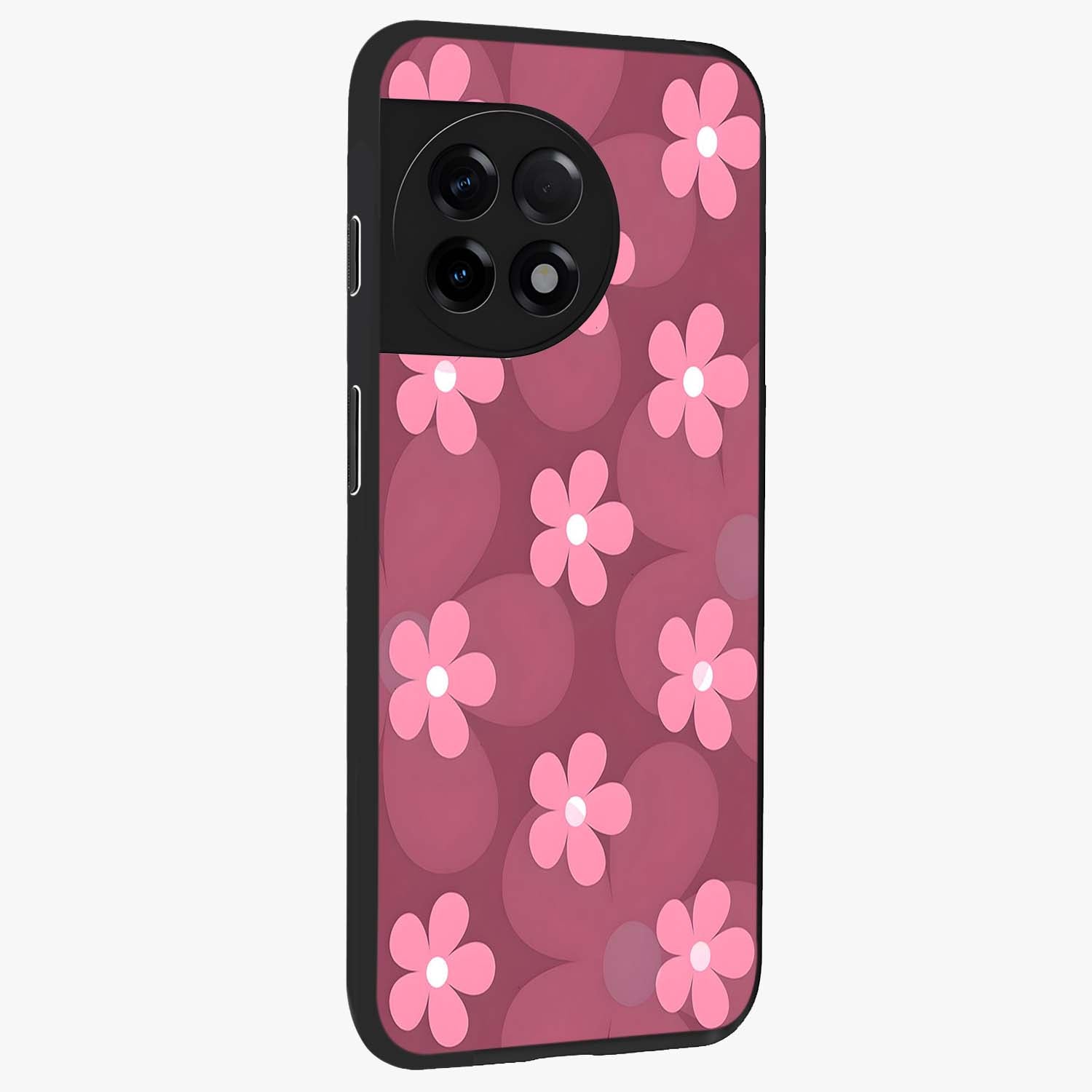 Pink Daisy Flower Pattern Glass Case for 1+11R side perspective highlighting bright floral textures and smooth build