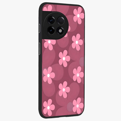 Pink Daisy Flower Pattern Glass Case for 1+11R side perspective highlighting bright floral textures and smooth build