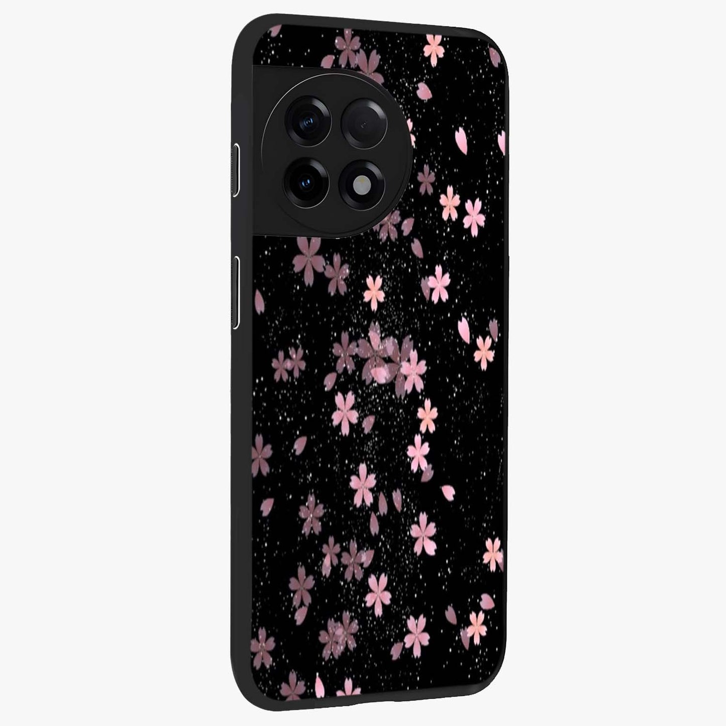 Pink Flower Black Background Glass Case for 1+11R side perspective highlighting vivid bloom textures and sleek build