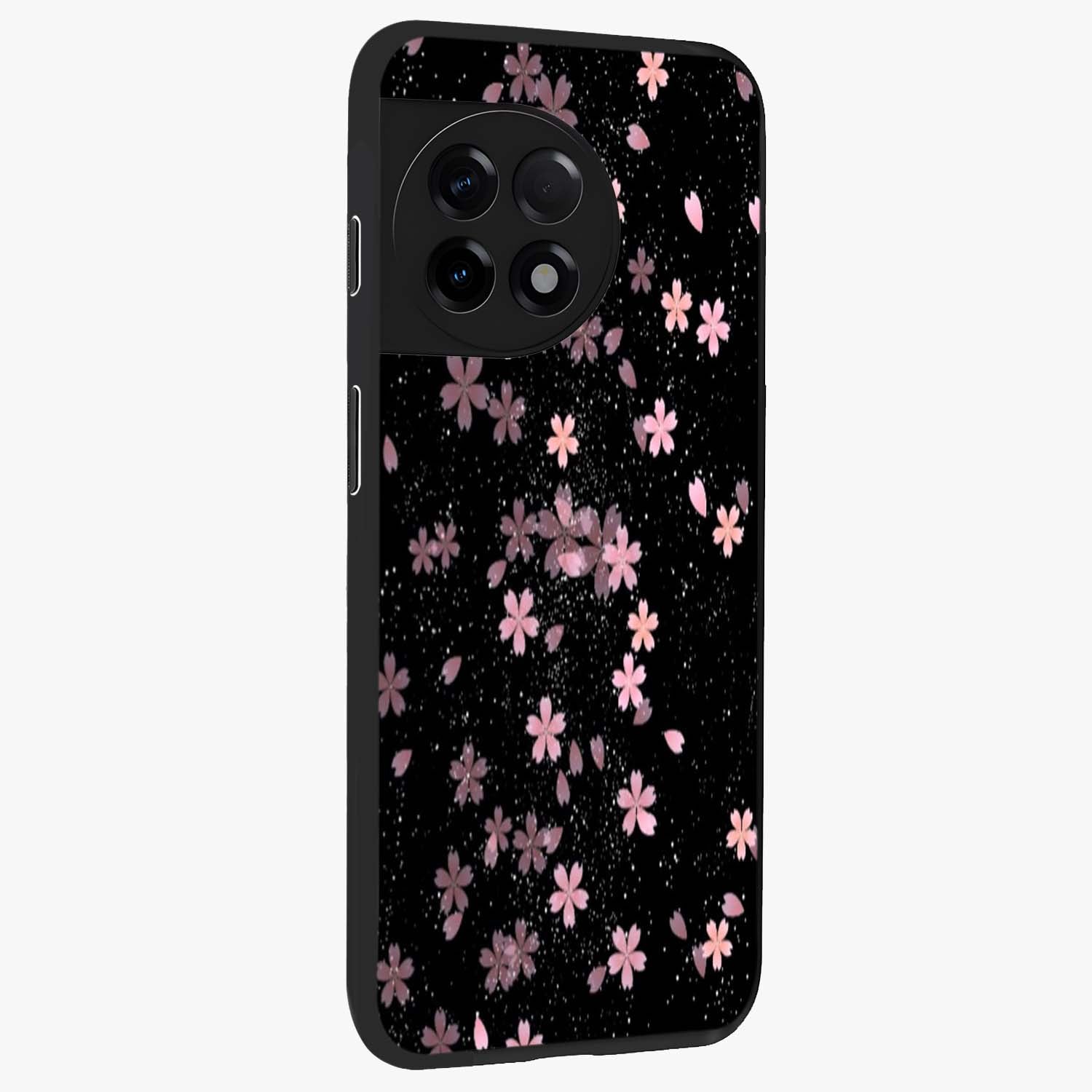 Pink Flower Black Background Glass Case for 1+11R side perspective highlighting vivid bloom textures and sleek build