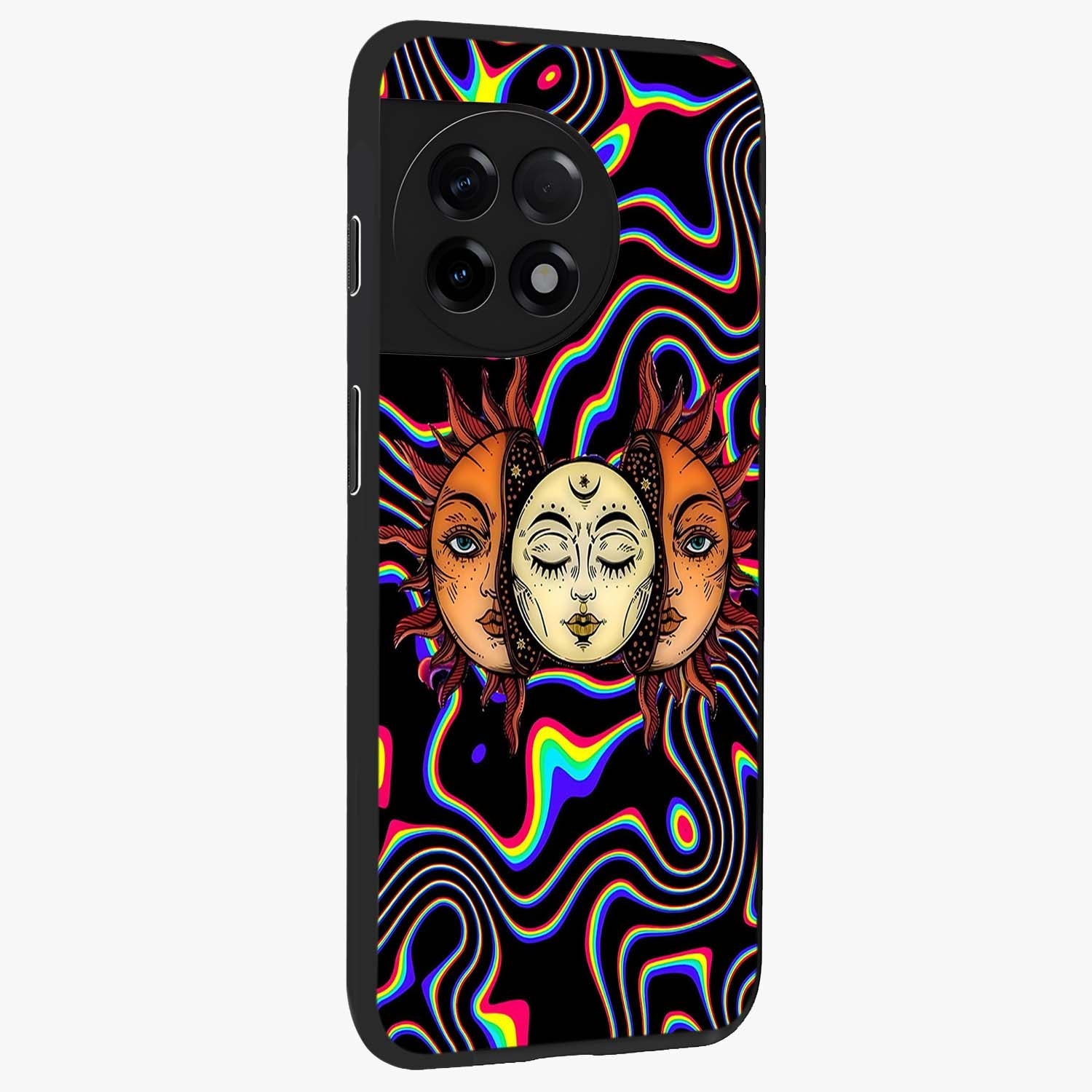 Psychedelic Sun Glass Case for 1+11R side perspective highlighting vivid gradients and premium edge finish