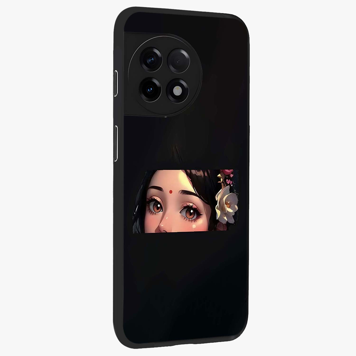 Radha Divine Embrace Glass Case for 1+11R side perspective highlighting intricate divine detailing and premium edges