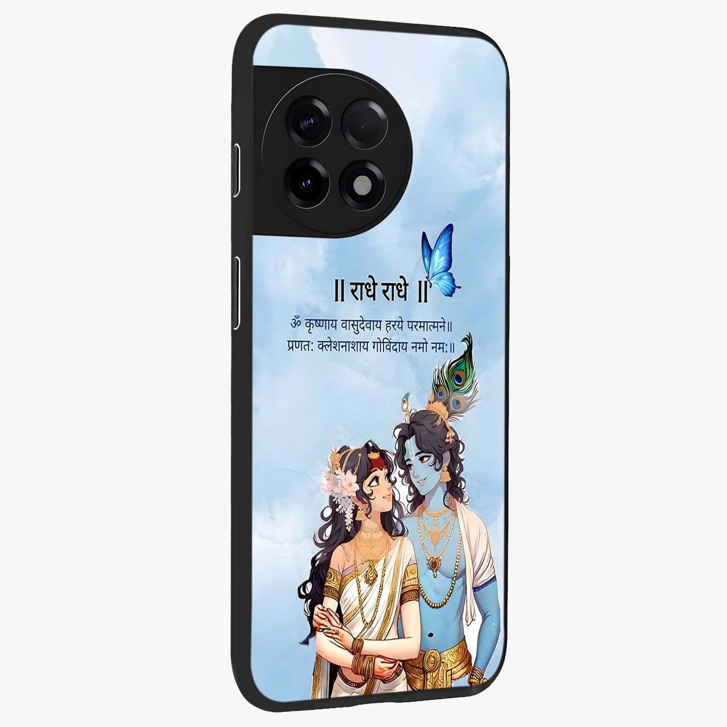 Radha Krishna Eternal Glass Case for 1+11R side perspective highlighting detailed illustration textures and smooth build