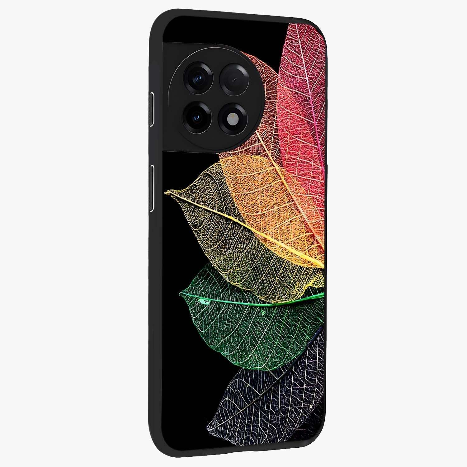 Rainbow Leaf Glow Glass Case for 1+11R side perspective highlighting bright detailing and premium edge finish