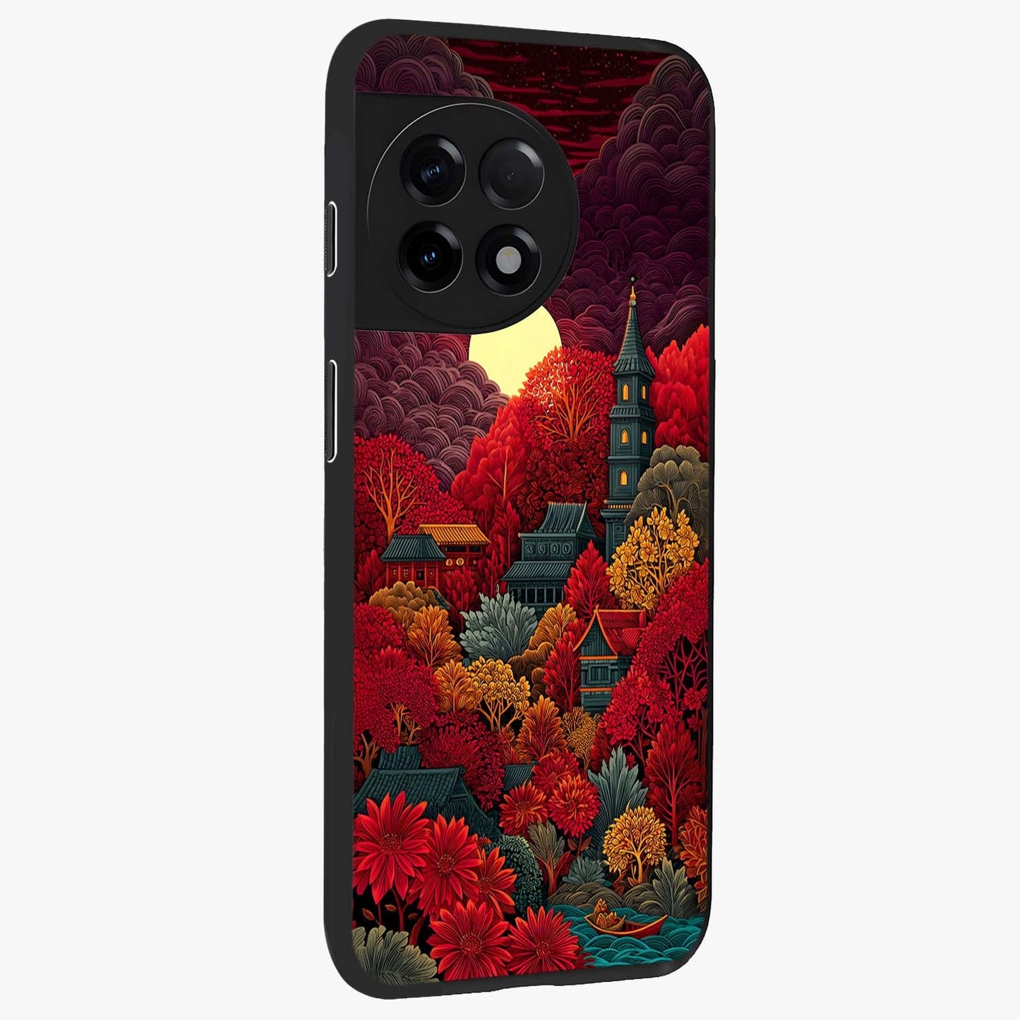 Red Scenery Hot Glass Case for 1+11R side perspective highlighting vivid gradient textures and smooth build