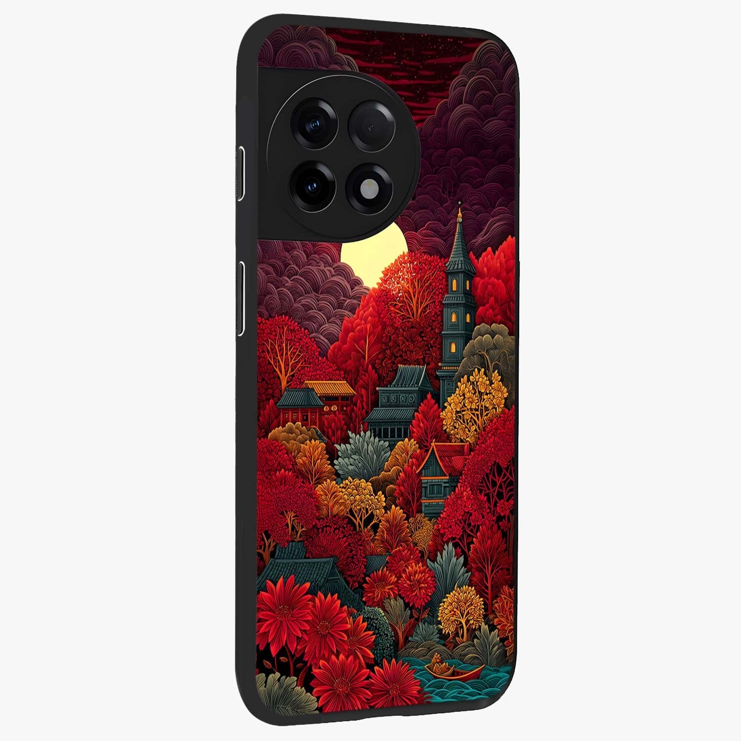 Red Scenery Hot Glass Case for 1+11R side perspective highlighting vivid gradient textures and smooth build