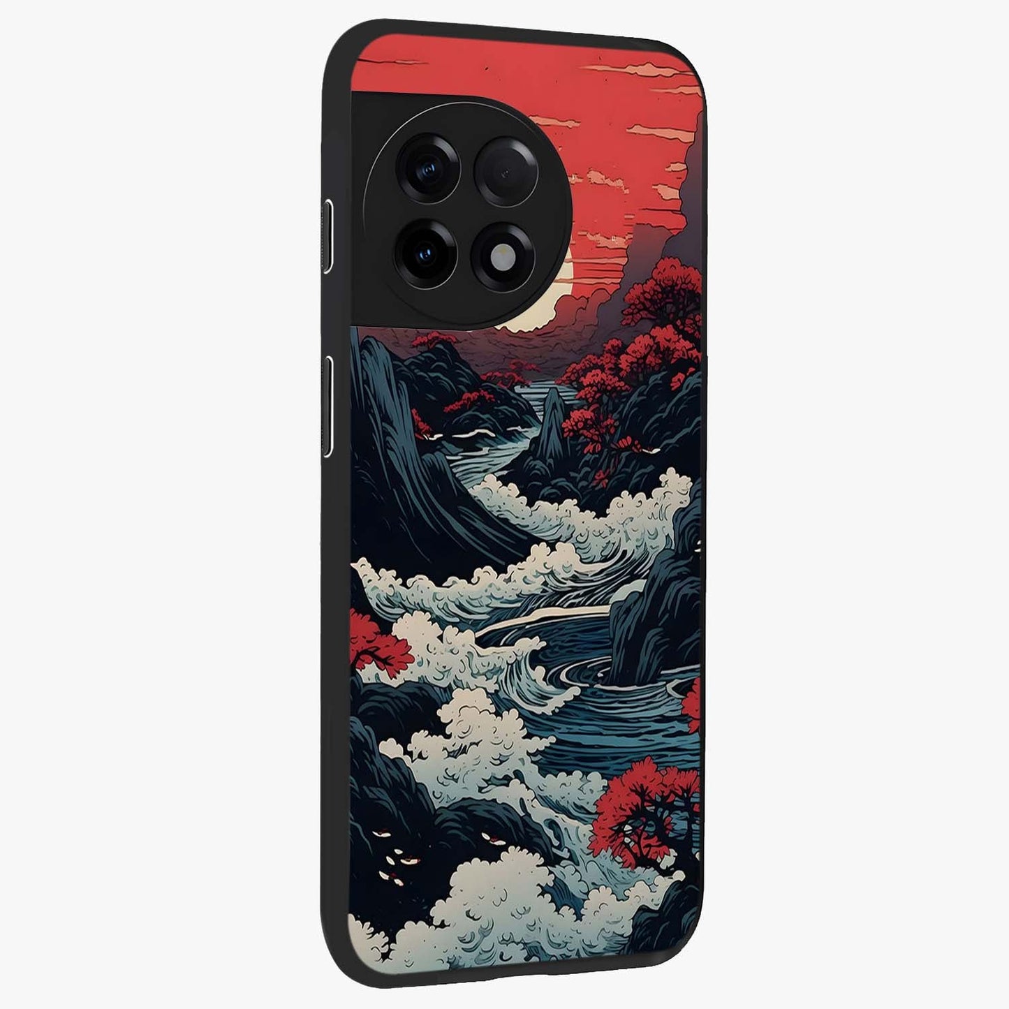 Red Sunset Scenery Glass Case for 1+11R side perspective highlighting calming horizon textures and premium edges