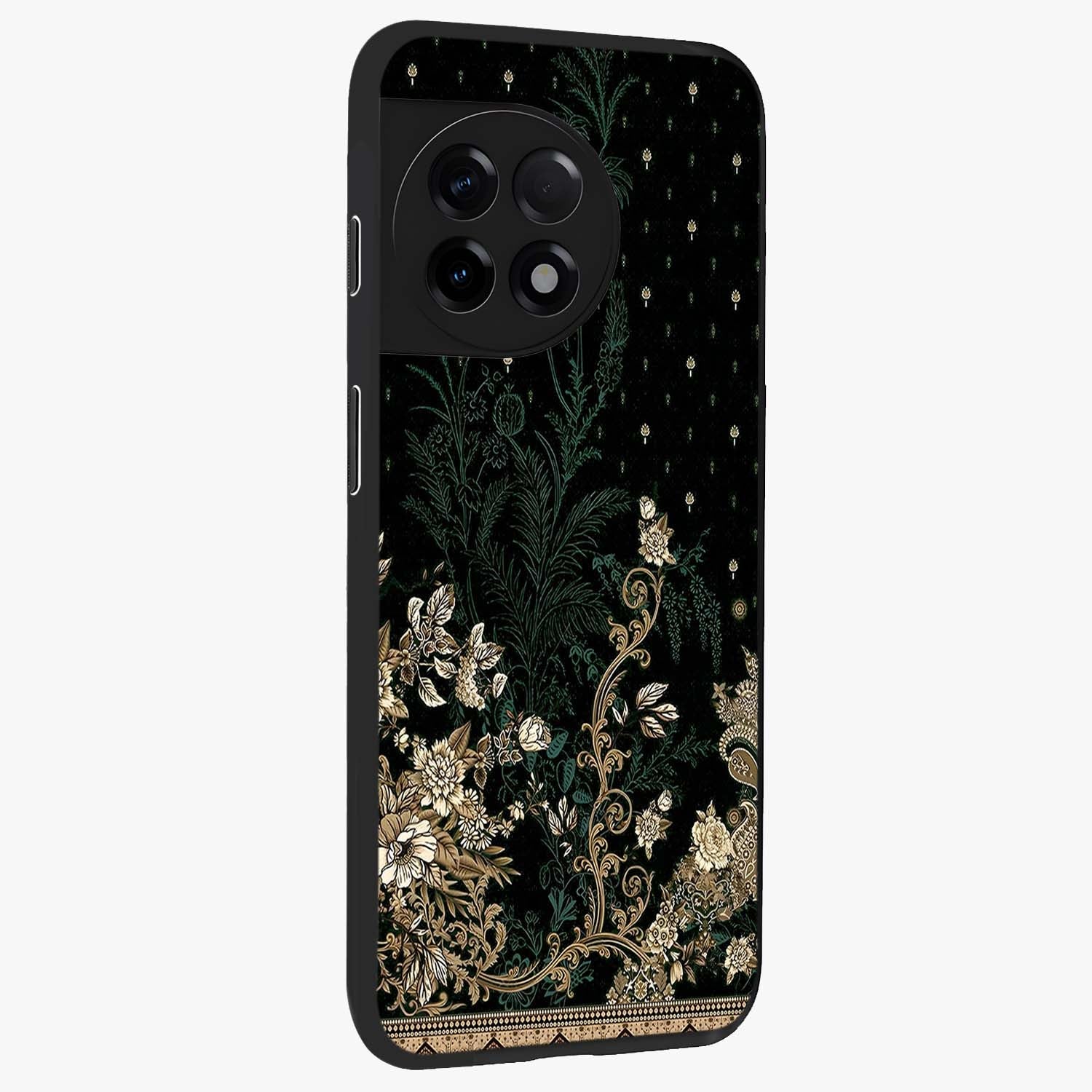 Regal Botanical Tapestry Glass Case for 1+11R side perspective highlighting detailed floral textures and sleek premium build