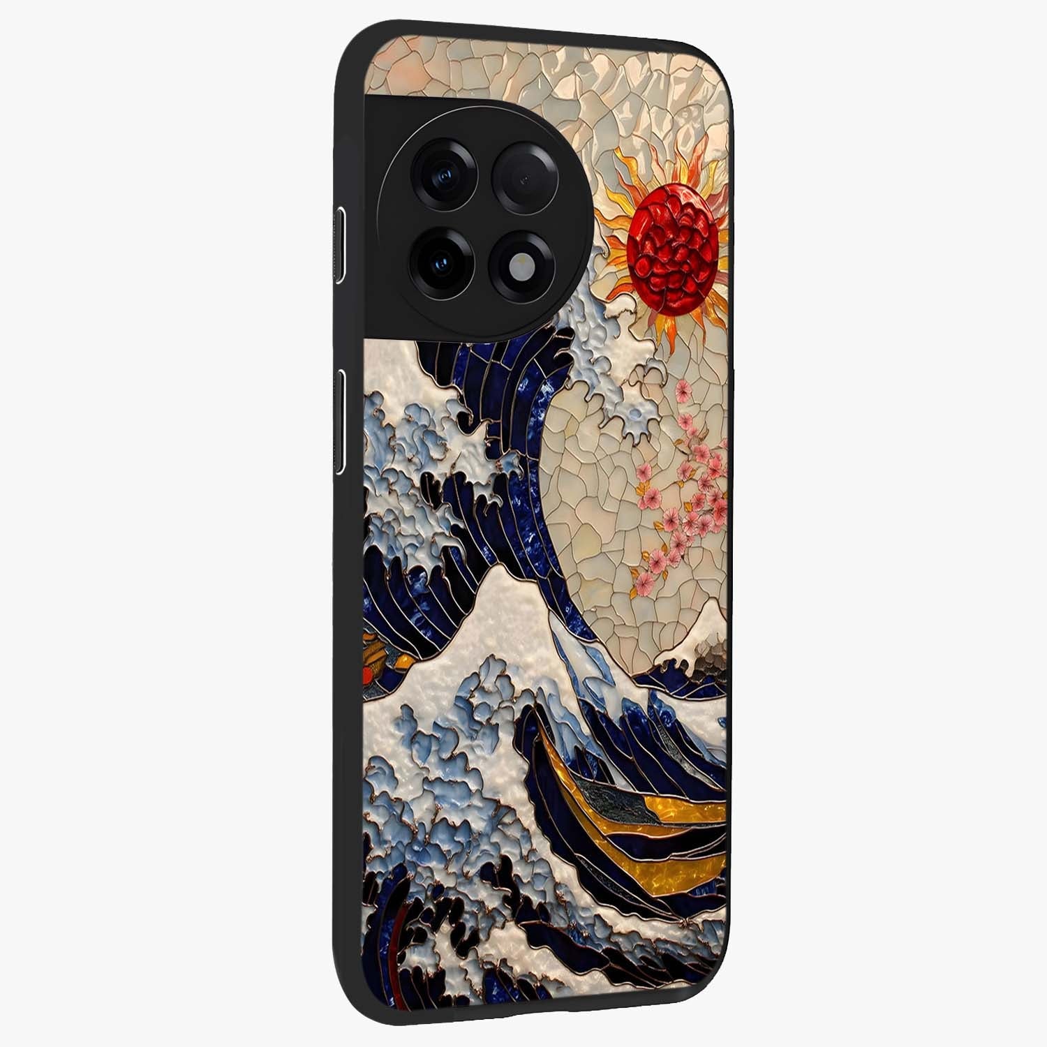 Rising Wave Glory Glass Case for 1+11R side perspective highlighting fluid wave textures and sleek premium build