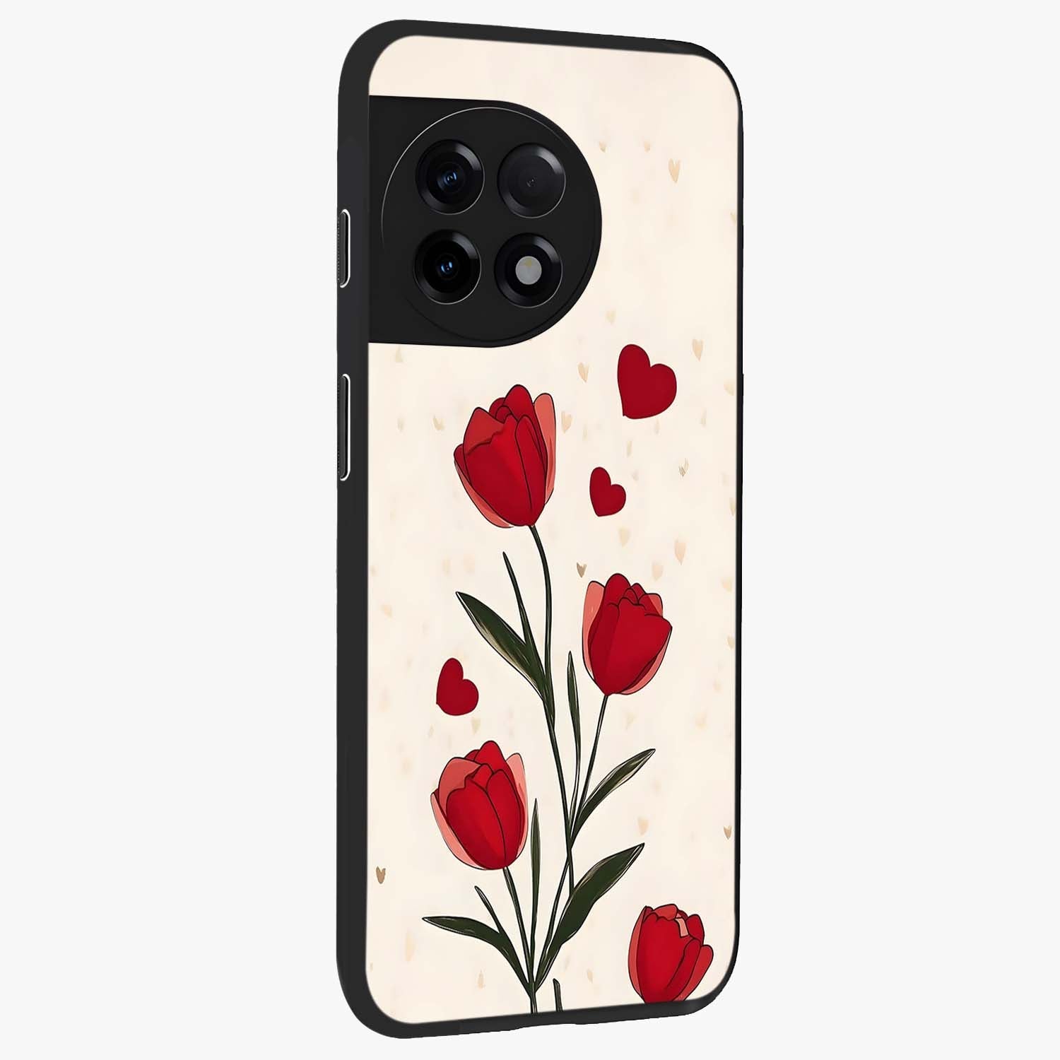 Romantic Tulip Hearts Glass Case for 1+11R side perspective highlighting delicate bloom textures and premium edges