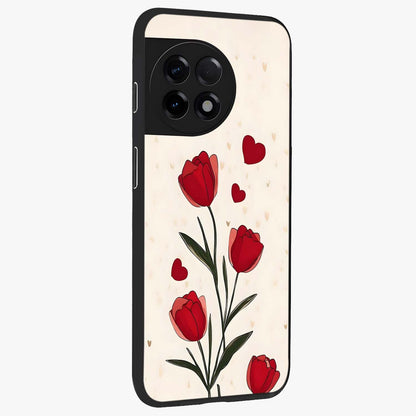 Romantic Tulip Hearts Glass Case for 1+11R side perspective highlighting delicate bloom textures and premium edges