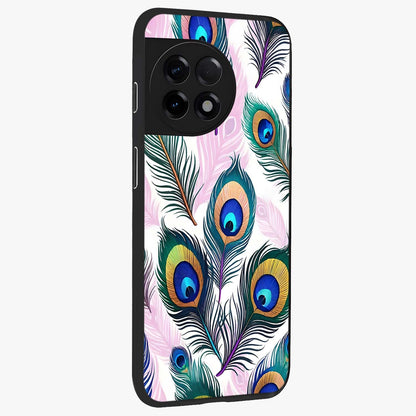 Royal Peacock Feathers Glass Case for 1+11R side perspective highlighting intricate plume textures and sleek premium build