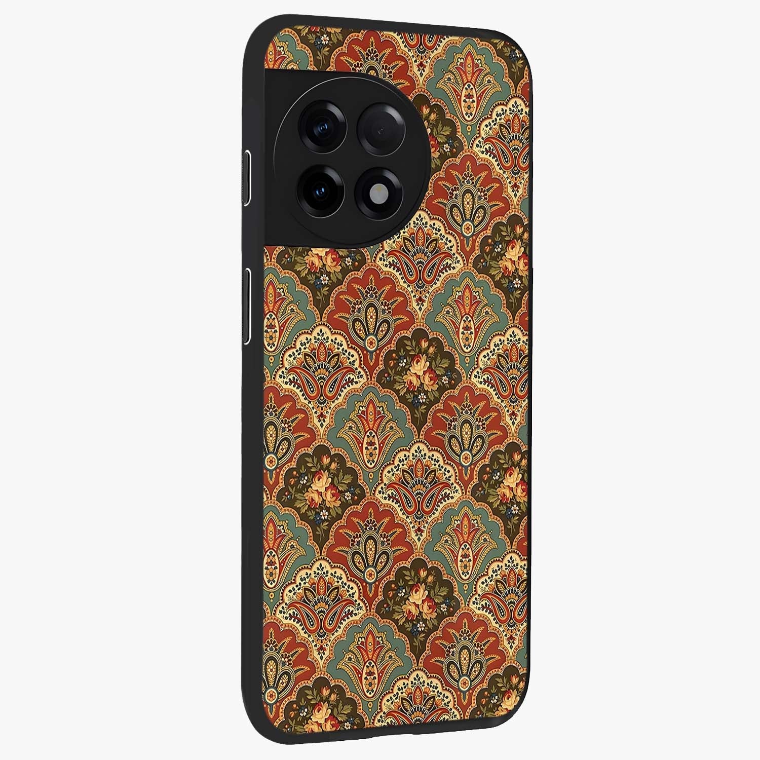 Royal Threadwork Glass Case for 1+11R side perspective highlighting detailed stitching textures and smooth premium build