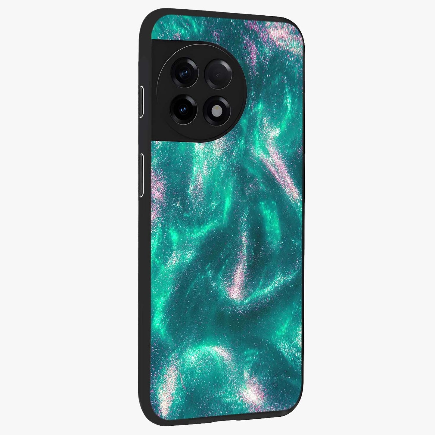 Shimmering Nebula Waves Glass Case for 1+11R side perspective highlighting luminous textures and smooth build