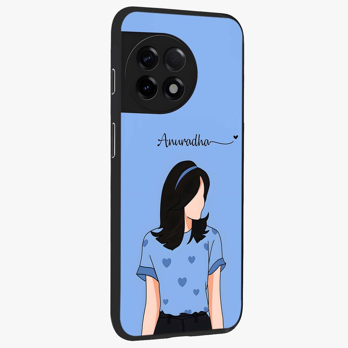 Soft Hearts Girl Glass Case for 1+11R side perspective highlighting delicate illustration textures and smooth build