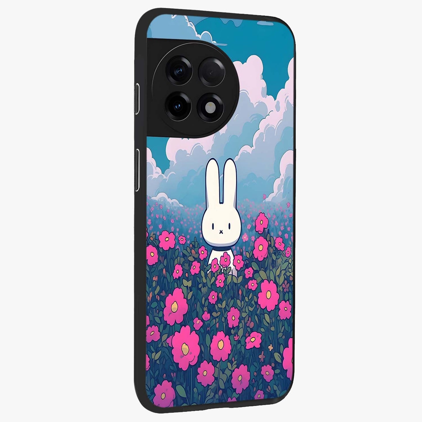 Springtime Blossom Bunny Glass Case for 1+11R side perspective highlighting charming illustration textures and premium edges