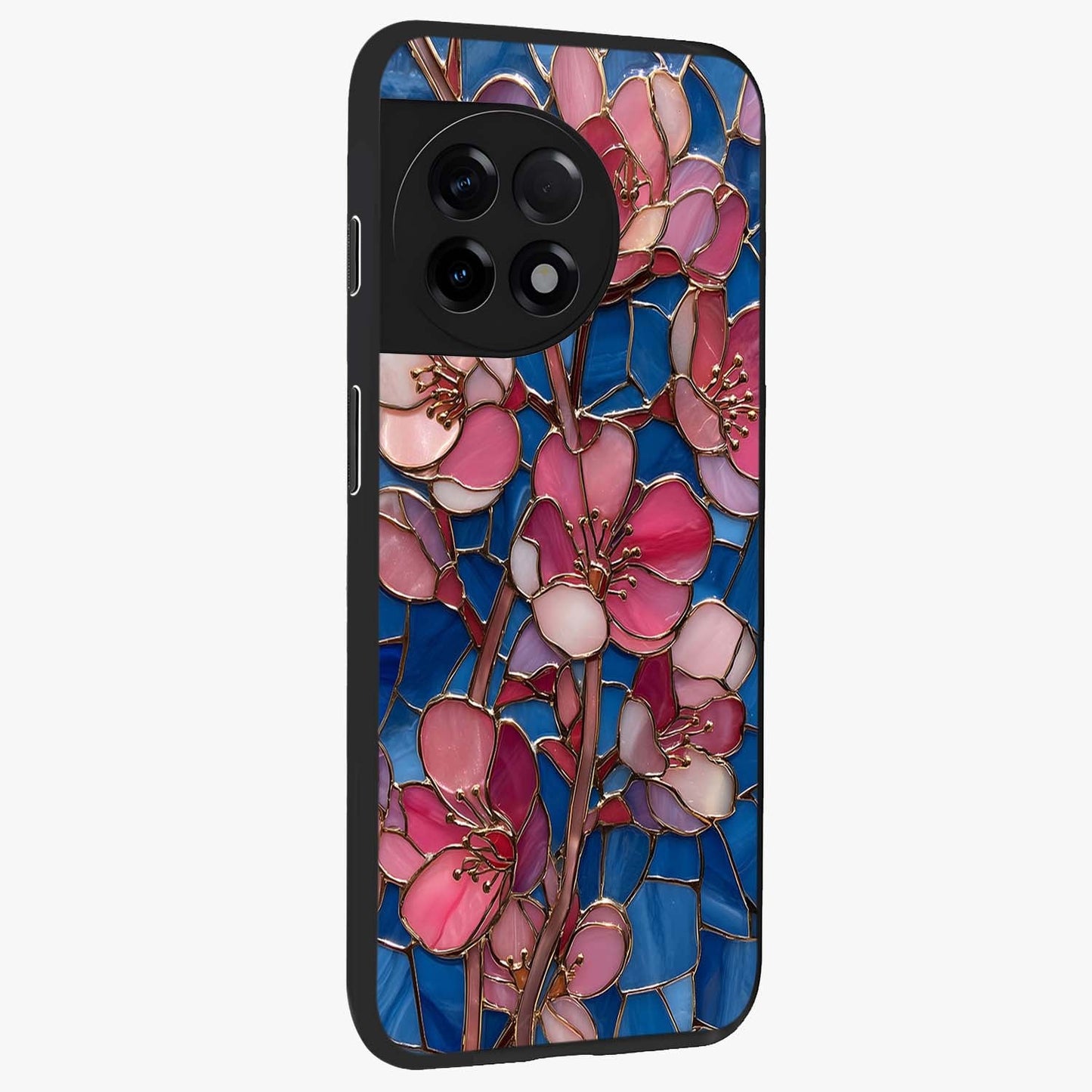 Stained Bloom Grace Glass Case for 1+11R side perspective highlighting intricate bloom textures and smooth premium build