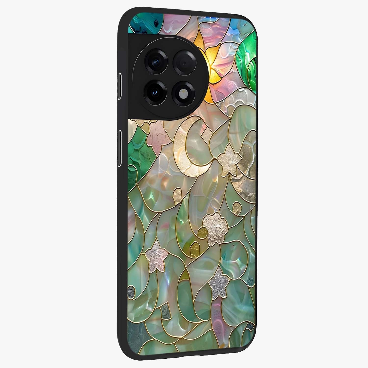 Stained Sunrise Glow Glass Case for 1+11R side perspective highlighting luminous textures and sleek premium build